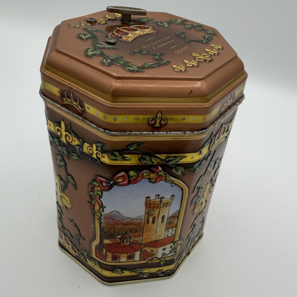 Vintage European Cookies Tin 2007 Octagon Copper Crown Castle Scene Musical Tin